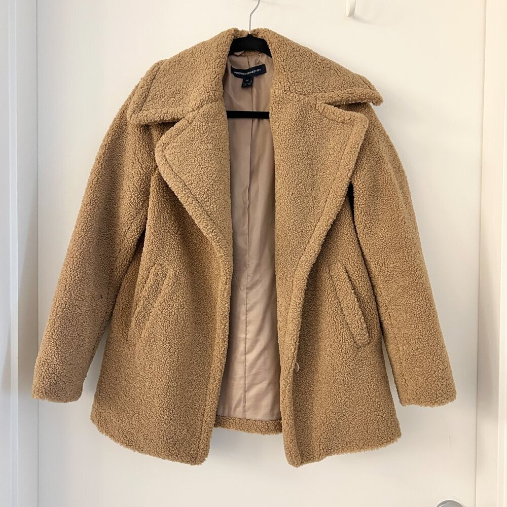French Connection Teddy Sherpa Peacoat Oversized Jacket in Light Brown Size XS - Picture 2 of 8